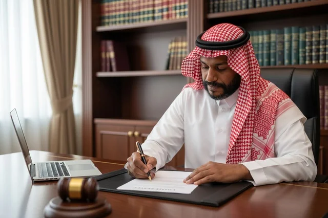 Saudi Lawyer Signing Legal Documents in Office