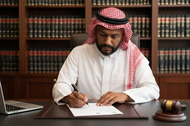 محامي سعودي يكتب وثائق قانونية في المكتب