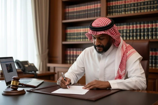 Saudi Man Signing Legal Documents in Office Library