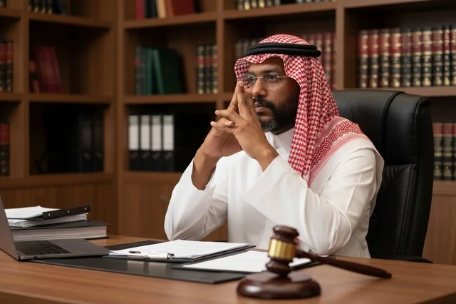 محامي سعودي يجلس في مكتبه مع مطرقة العدالة