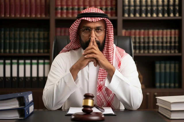 محامي سعودي بالزي التقليدي مع مطرقة القضاء في المكتب