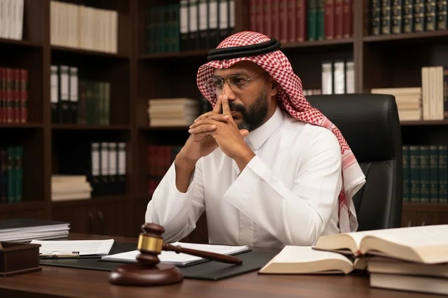 قاضي سعودي في المكتب مع مطرقة العدل