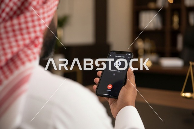 رجل أعمال سعودي يتلقى مكالمة هاتفية في المكتب