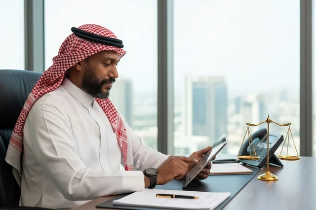 محامي سعودي يستخدم جهاز لوحي في مكتب حديث مع ميزان العدالة