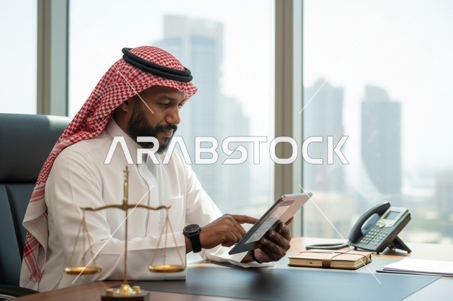 محامٍ سعودي يستخدم جهاز لوحي في مكتب محاماة