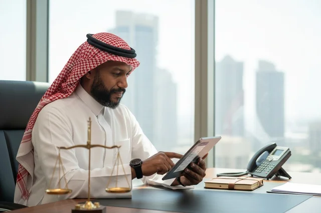 محامٍ سعودي يستخدم جهاز لوحي في مكتب محاماة