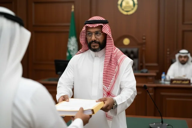 رجل سعودي يحمل مستندات قانونية في قاعة المحكمة
