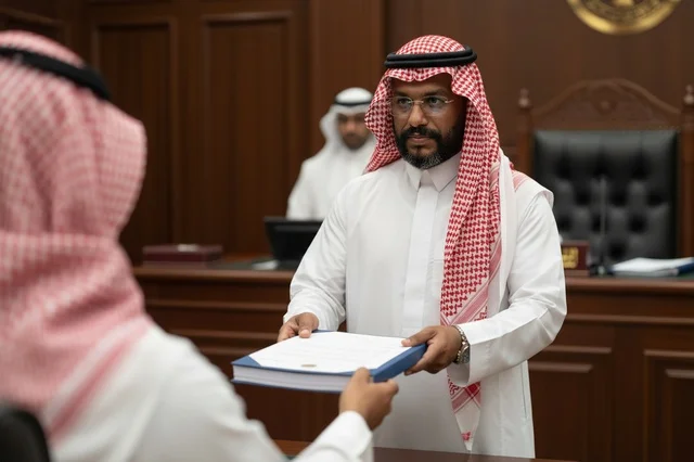 محامي سعودي يسلم ملفاً قانونياً في المحكمة