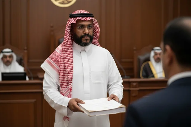 Saudi Man in Courtroom Handing Legal Document