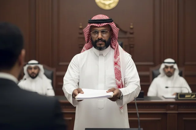 رجل سعودي يسلم وثائق قانونية في قاعة المحكمة