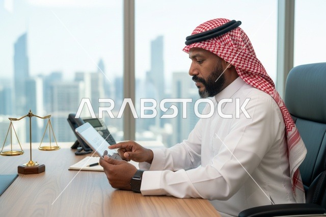 محامي سعودي يعمل على جهاز لوحي في مكتب قانوني