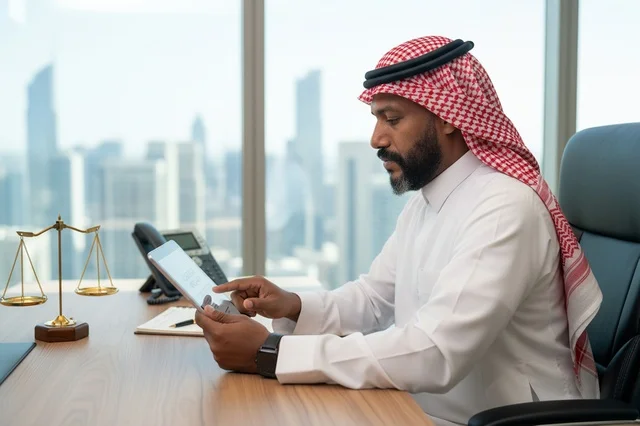 محامي سعودي يعمل على جهاز لوحي في مكتب قانوني