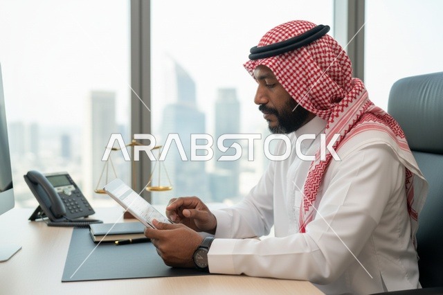 رجل أعمال سعودي يستخدم جهاز لوحي في المكتب