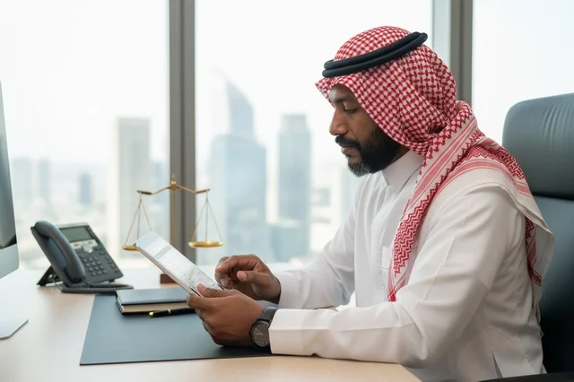 رجل أعمال سعودي يستخدم جهاز لوحي في المكتب