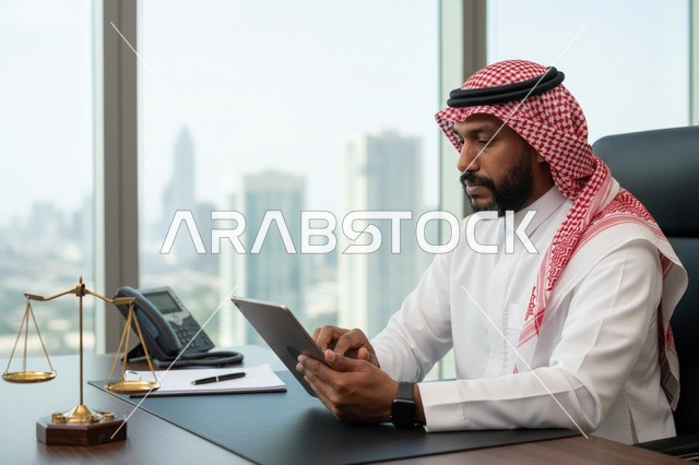 محامٍ سعودي في مكتبه يستخدم التابلت مع ميزان العدل