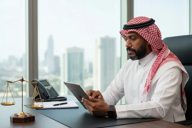 محامٍ سعودي في مكتبه يستخدم التابلت مع ميزان العدل