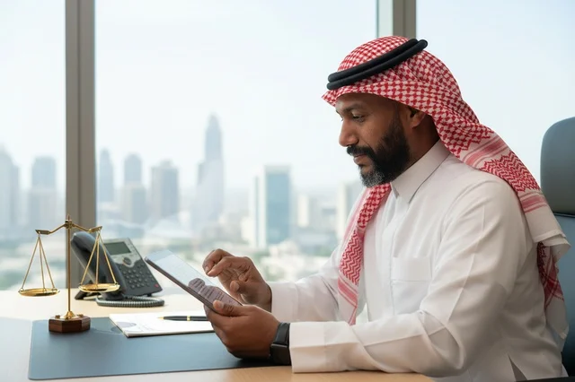 محامي سعودي مع ميزان العدل وجهاز لوحي في المكتب