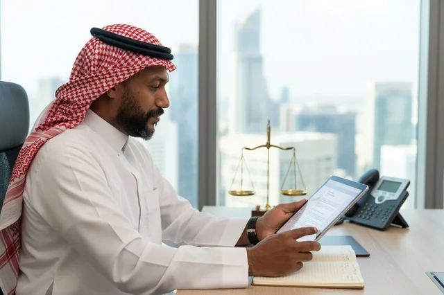Saudi Businessman in Office with Tablet and Legal Scales