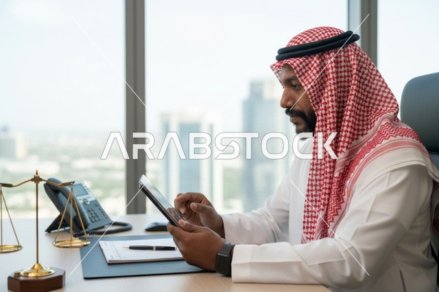 رجل أعمال سعودي يستخدم جهازاً لوحياً في مكتب قانوني