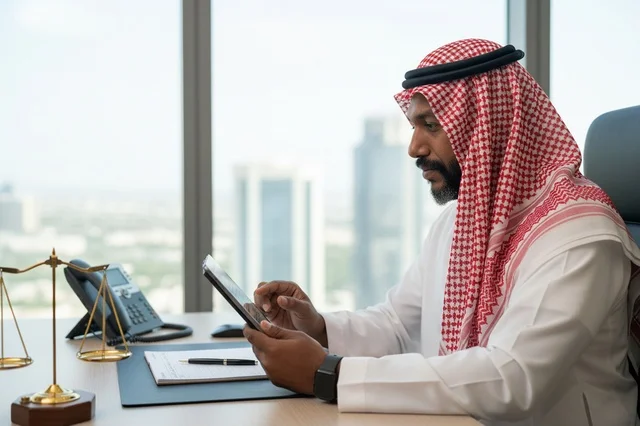 رجل أعمال سعودي يستخدم جهازاً لوحياً في مكتب قانوني