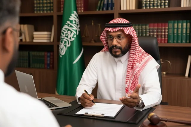 Saudi Male Lawyer in Traditional Thobe Giving Consultation