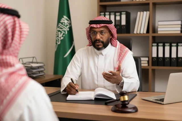 Saudi Judge in Traditional Attire During Legal Consultation