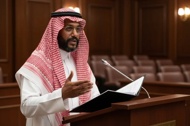 محامٍ سعودي بالزي الرسمي يترافع داخل قاعة المحكمة