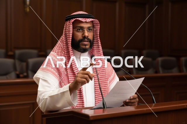 رجل سعودي يلقي خطاباً رسمياً من خلف المنصة الخشبية