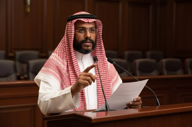 Saudi Man Delivering Speech at Podium in Formal Hall