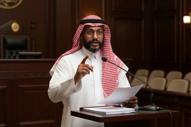 رجل سعودي يتحدث في المحكمة خلف منصة الخطاب الرسمي