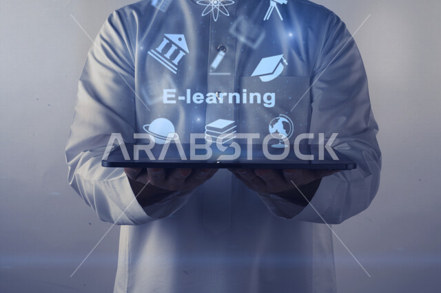رجل عربي سعودي خليجي يجمل بيديه جهاز تقني ذكي ، أيقونات متطاير خاصة ببرامج التعليم الالكتروني ،  نظام التعليم عن بعد ، أيقونات و رسومات مدرسية و تعليمية بتقنية الهولوجرام ثلاثية الابعاد