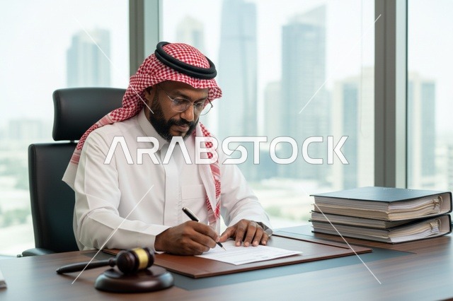 محامي سعودي يوقع وثائق في مكتب عصري