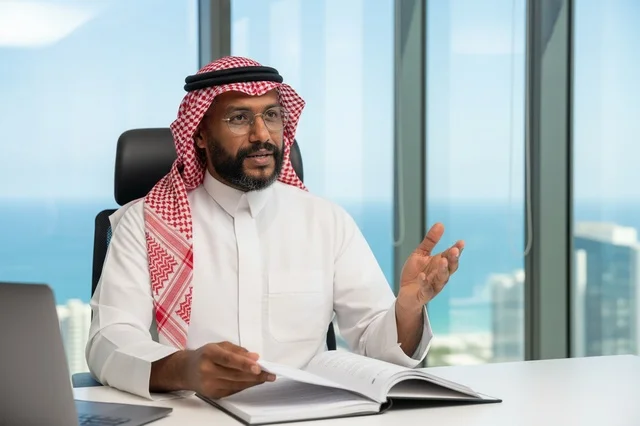 رجل أعمال سعودي بالزي التقليدي في مكتب حديث