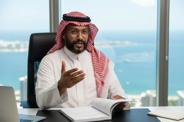 رجل أعمال سعودي بالزي التقليدي في مكتب حديث