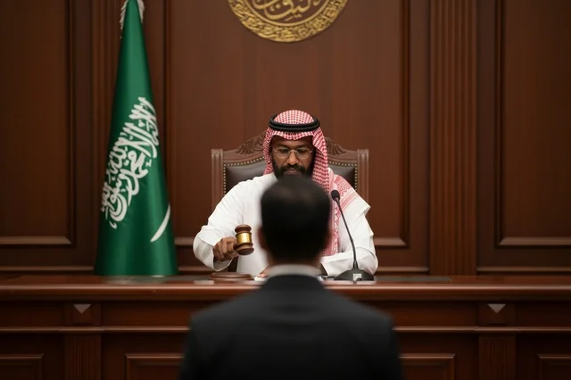 قاضي سعودي في قاعة المحكمة يمسك مطرقة الحكم