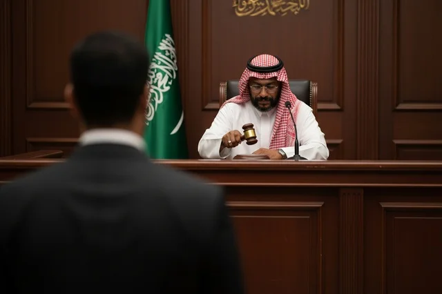 قاضي سعودي يمسك مطرقة المحكمة بجانب العلم السعودي