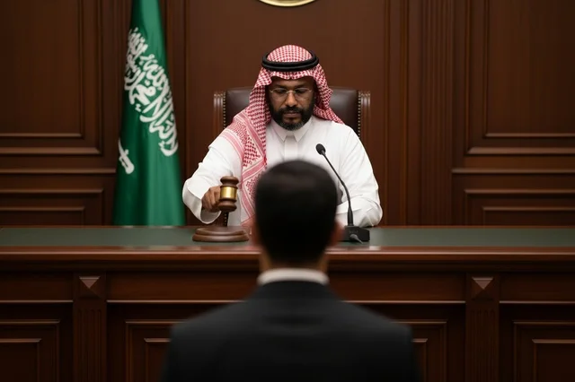 قاضي سعودي في قاعة المحكمة مع المطرقة والعلم