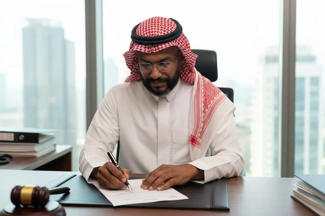 رجل أعمال سعودي يوقع وثائق قانونية في المكتب