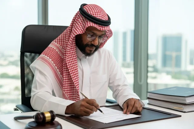 محامي سعودي يوقع وثائق قانونية في المكتب