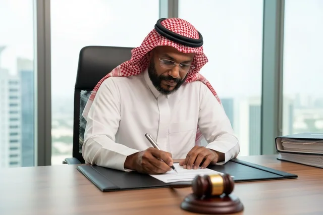 محامي سعودي يوقع وثيقة قانونية داخل مكتب عمل حديث