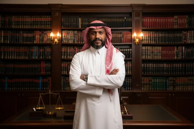 محامي سعودي بالزي التقليدي في مكتبة قانونية