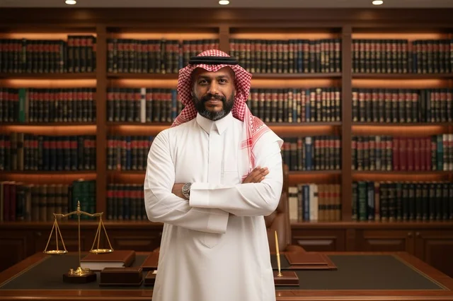 محامي سعودي في مكتب قانوني مع ميزان العدل
