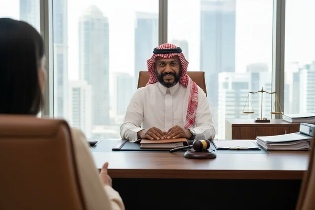 قاضي سعودي بالزي التقليدي في مكتب قانوني حديث
