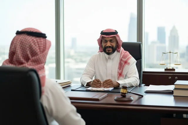 قاضي سعودي في مكتب قانوني مع مطرقة العدل