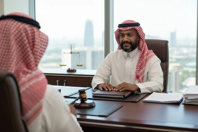 محامٍ سعودي بالزي التقليدي في مكتب قانوني