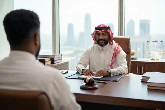 محامي سعودي في مكتبه مع مطرقة وميزان العدالة
