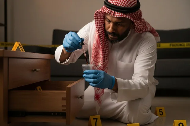 Saudi Forensic Investigator Collecting Evidence at Crime Scene