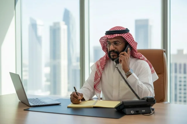 Saudi Businessman in Traditional Dress on Office Phone