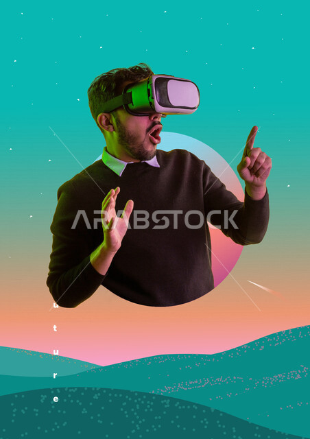  شاب عربي خليجي سعودي يرتدي نظارة الواقع الإفتراضي ثلاثية الأبعاد بإيماءات و تعابير وجه تدل على الصدمة و المفاجأة ، المتعة و التسلية بمشاهدة الأفلام البحرية بالعالم الافتراضي ، رؤية ثلاثية الأبعاد للبحار و المحيطات