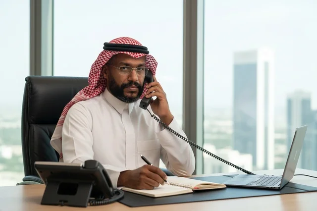 Saudi Businessman in Office Talking on Landline Phone